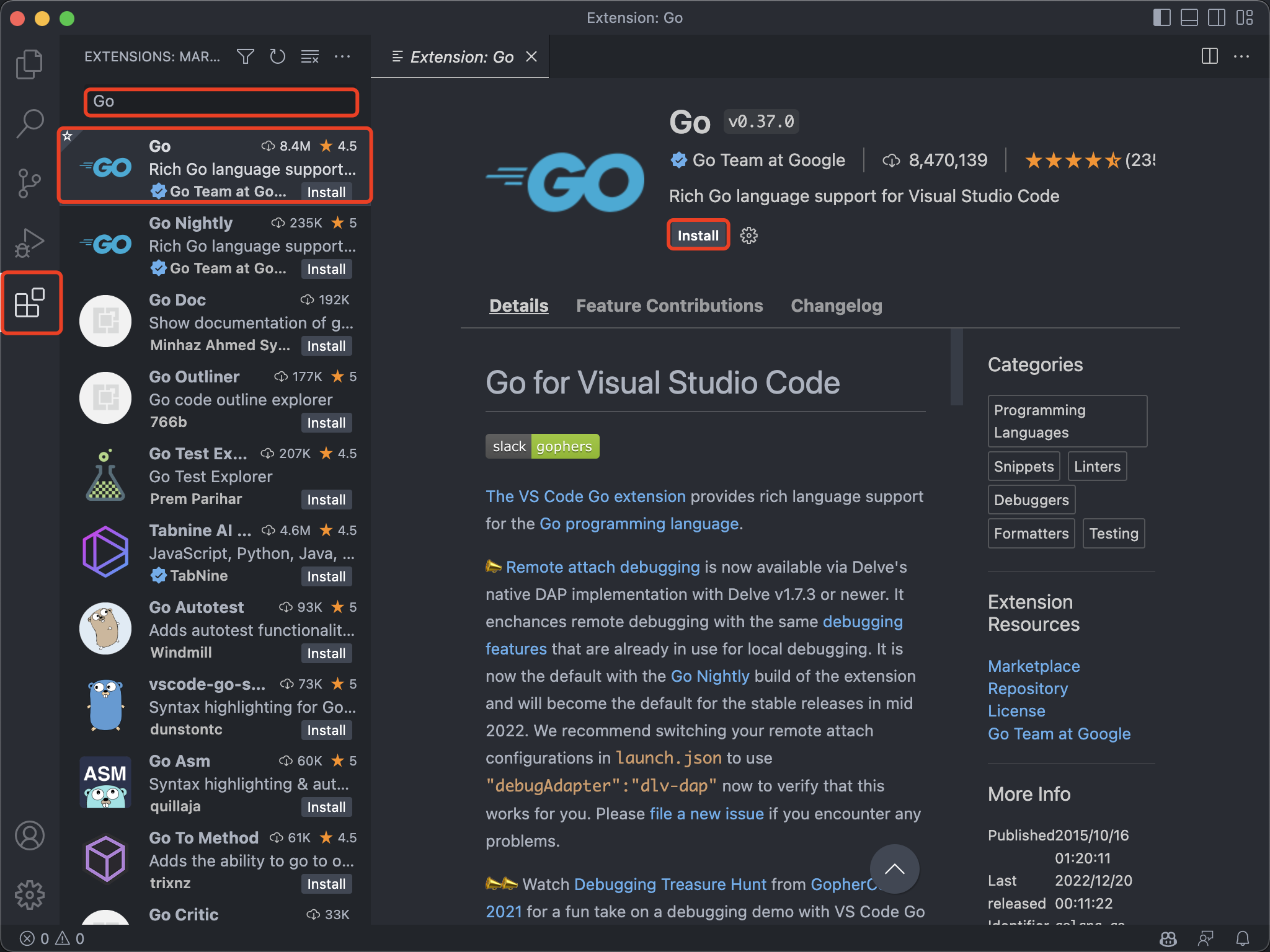 安装 Go 扩展 install go extension